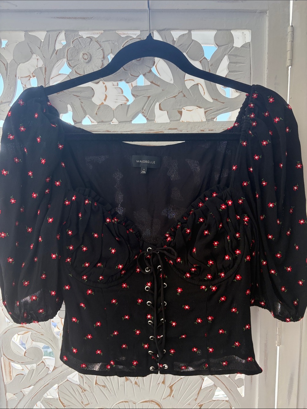 MAJORELLE Black Crop Top with Red Floral Print